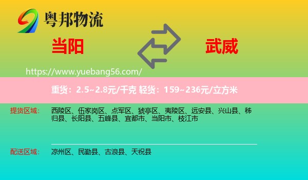 當陽市到武威物流