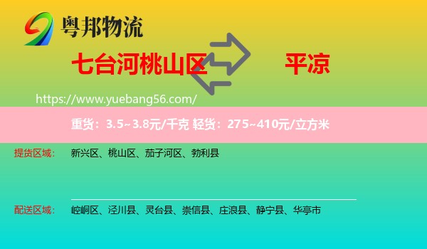 桃山區(qū)到平?jīng)鑫锪? /></p>
                  <h2>服務(wù)范圍</h2>
                  <p>桃山區(qū)提貨區(qū)域：
                    ，</p>
                  <p>平?jīng)鏊拓泤^(qū)域：
                    崆峒區(qū)、涇川縣、靈臺縣、崇信縣、莊浪縣、靜寧縣、華亭市。</p>
                  <h2>服務(wù)優(yōu)勢</h2>
                  <p>粵邦物流作為專業(yè)的<a href=